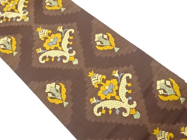 斜め格子に花唐草模様織り出し袋帯